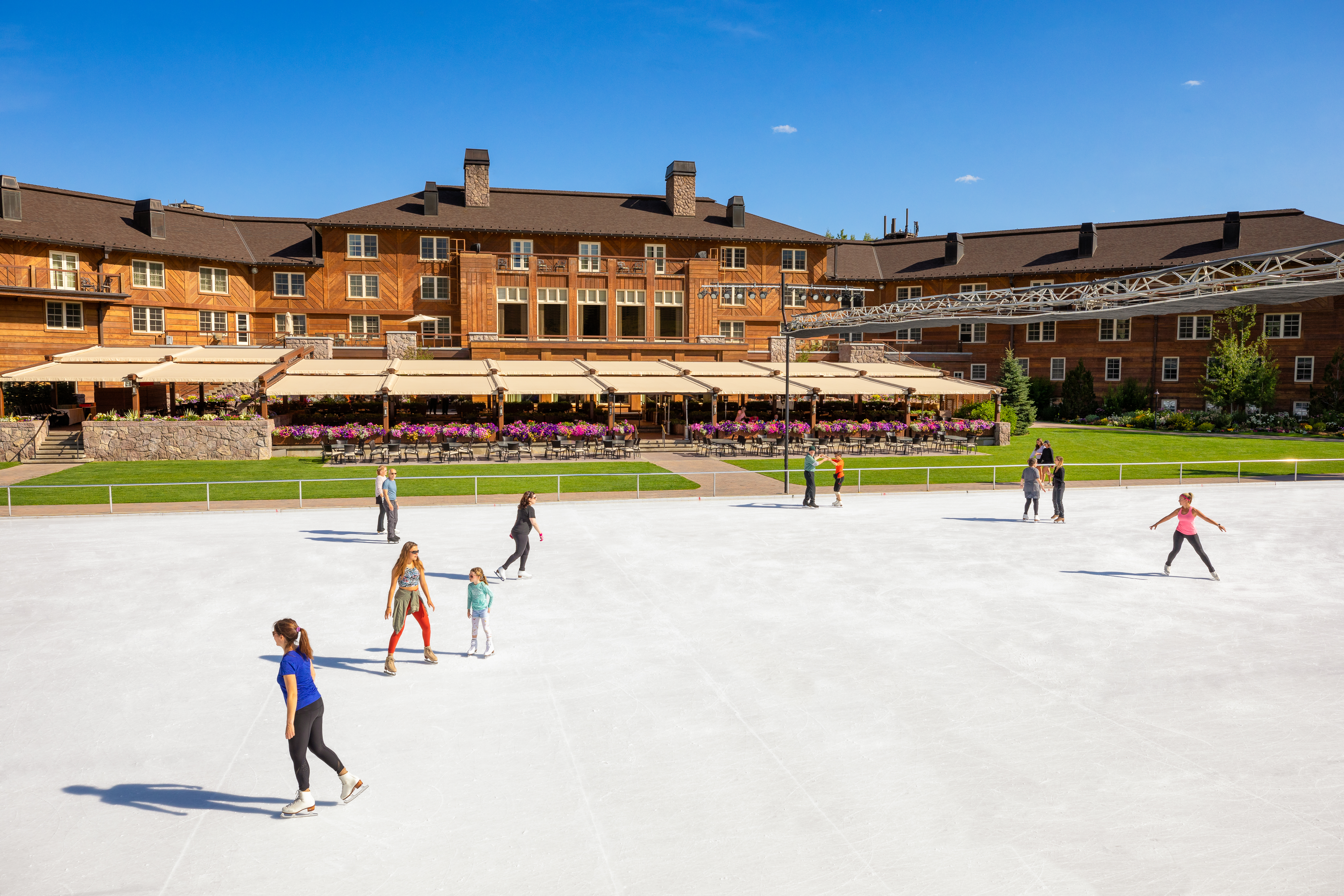 Sun Valley Outdoor Ice Rink in the Summer with a backdrop of the Sun Valley Lodge