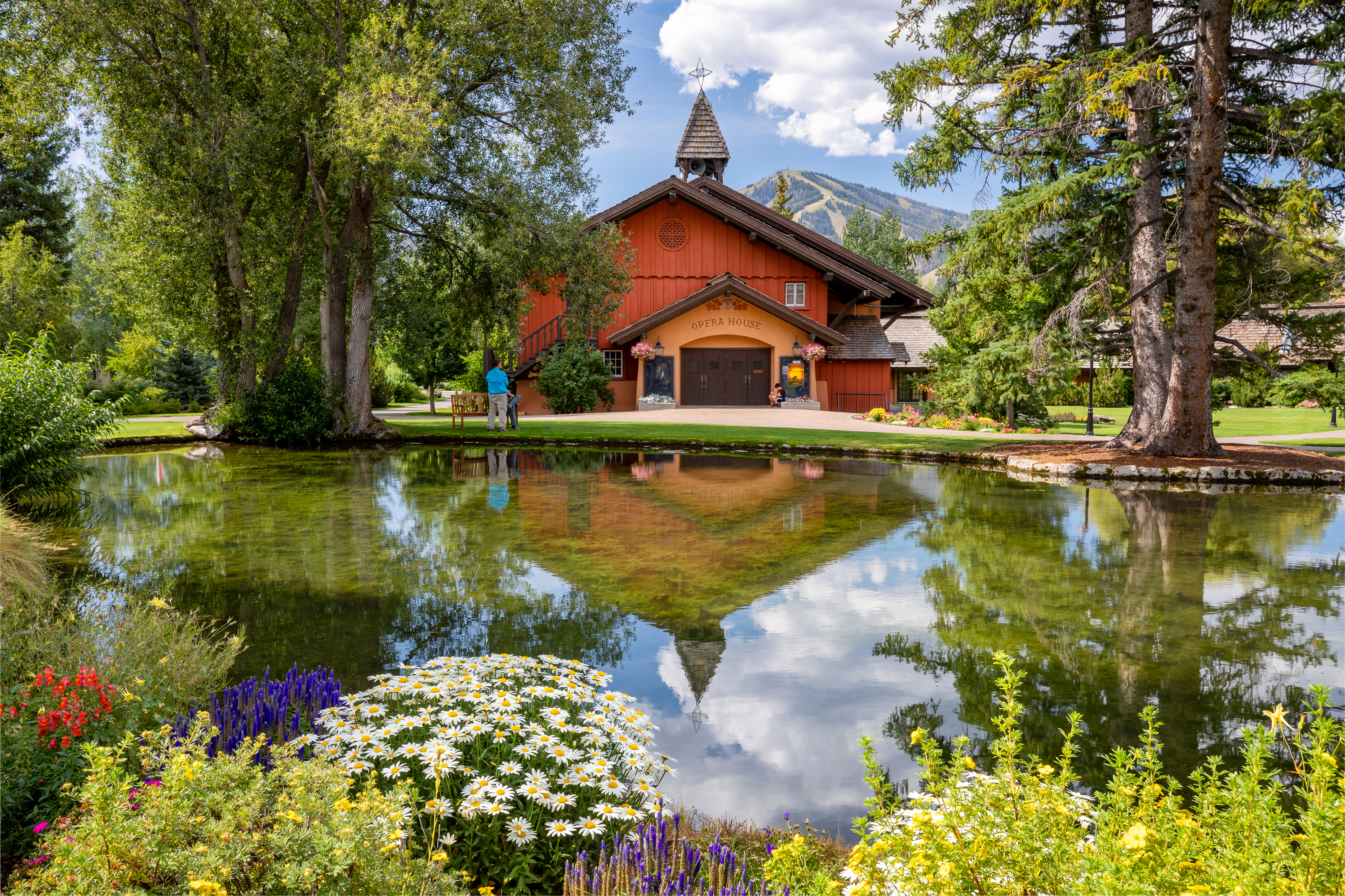 Exterior of the Sun Valley Opera House in Summer overlooking the Sun Valley Duck Pond