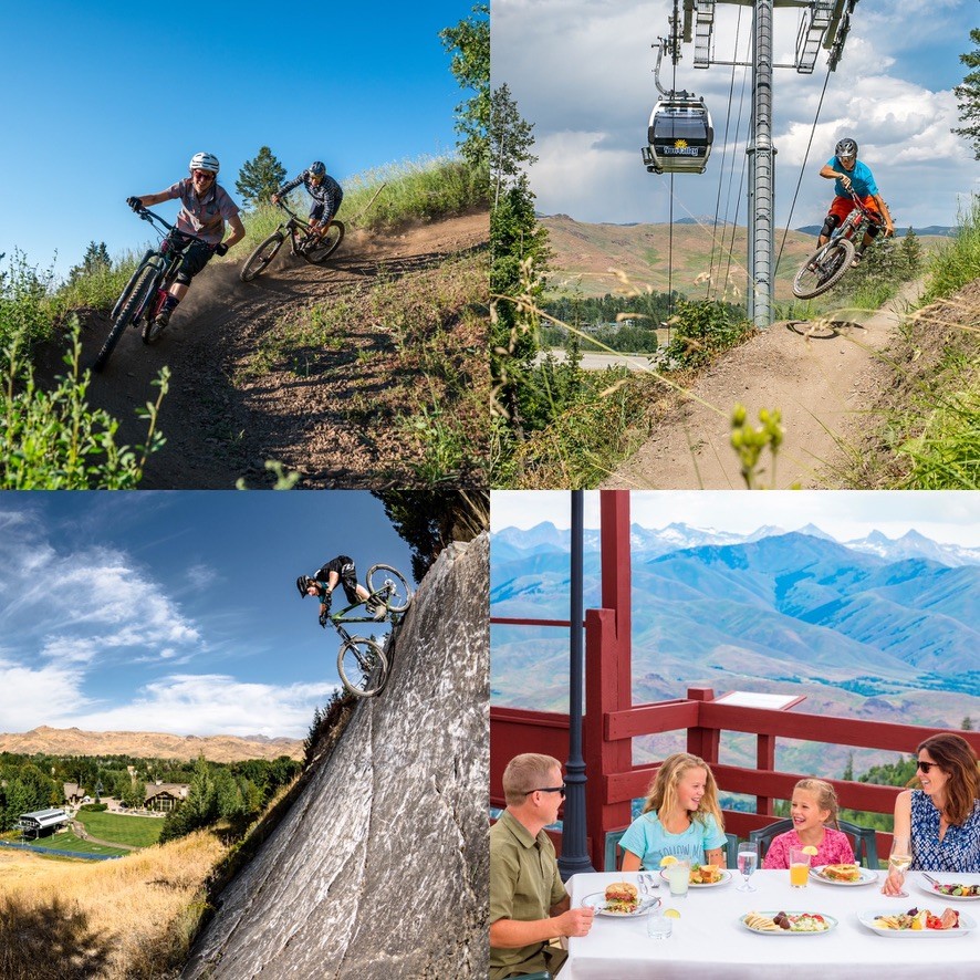 A collage of on-mountain summer experiences. Clockwise beginning at top right: A person mountain biking on Bald Mountain. A family dining on the deck at Roundhouse. A person descending a steep rock on Bald Mountain by mountain bike. A group of two descending a mountain trail by mountain bike.