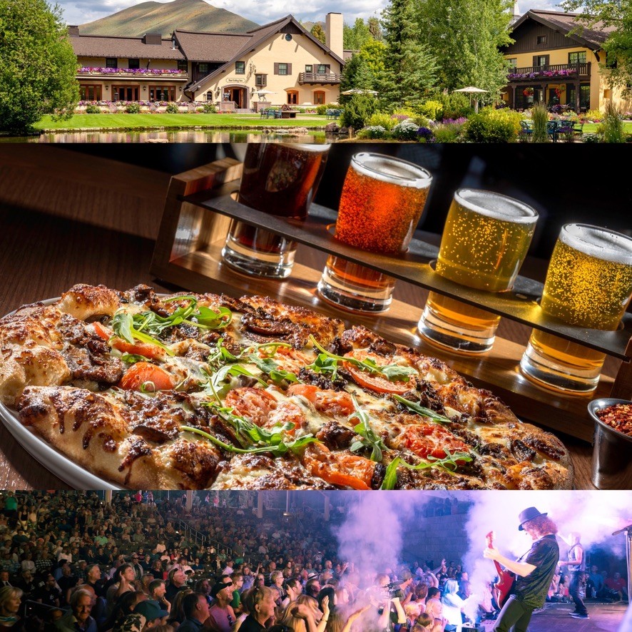 A collage of images is shown. Top to bottom - Sun Valley Inn exterior is shown. A pizza and beer at Village Station. An outdoor concert at night.