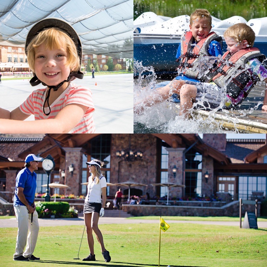 A collage is shown. Clockwise from top left - A child is shown ice skating outside during summer. Two children are shown splashing and having fun on Sun Valley Lake. A couple is shown on the putting course at Sun Valley golf course.
