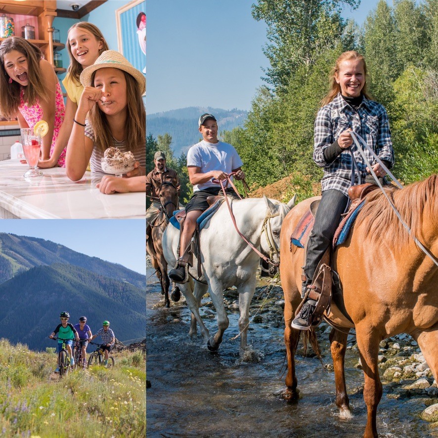A collage is shown. Top left, clockwise. Children at The Chocolate Foundry enjoy ice cream. Two people smile while riding horseback through a creek. A family mountain bikes on Dollar Mountain.