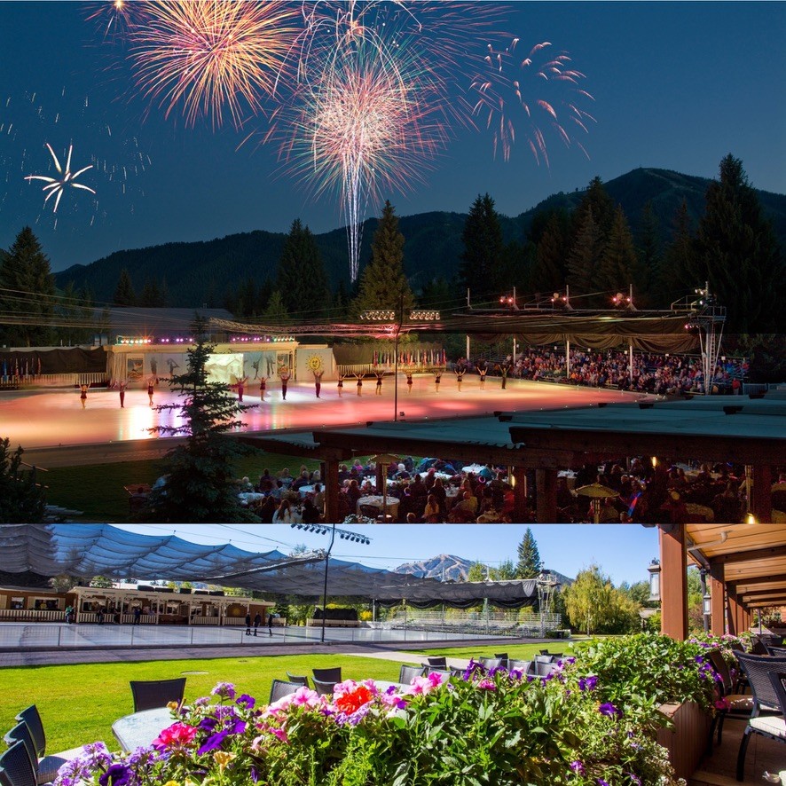 A collage is shown. Beginning at top: fireworks over a Sun Valley on Ice show. A flowery view from the Gretchen's patio looking at the Sun Valley outdoor ice rink and Bald Mountain in the distance.