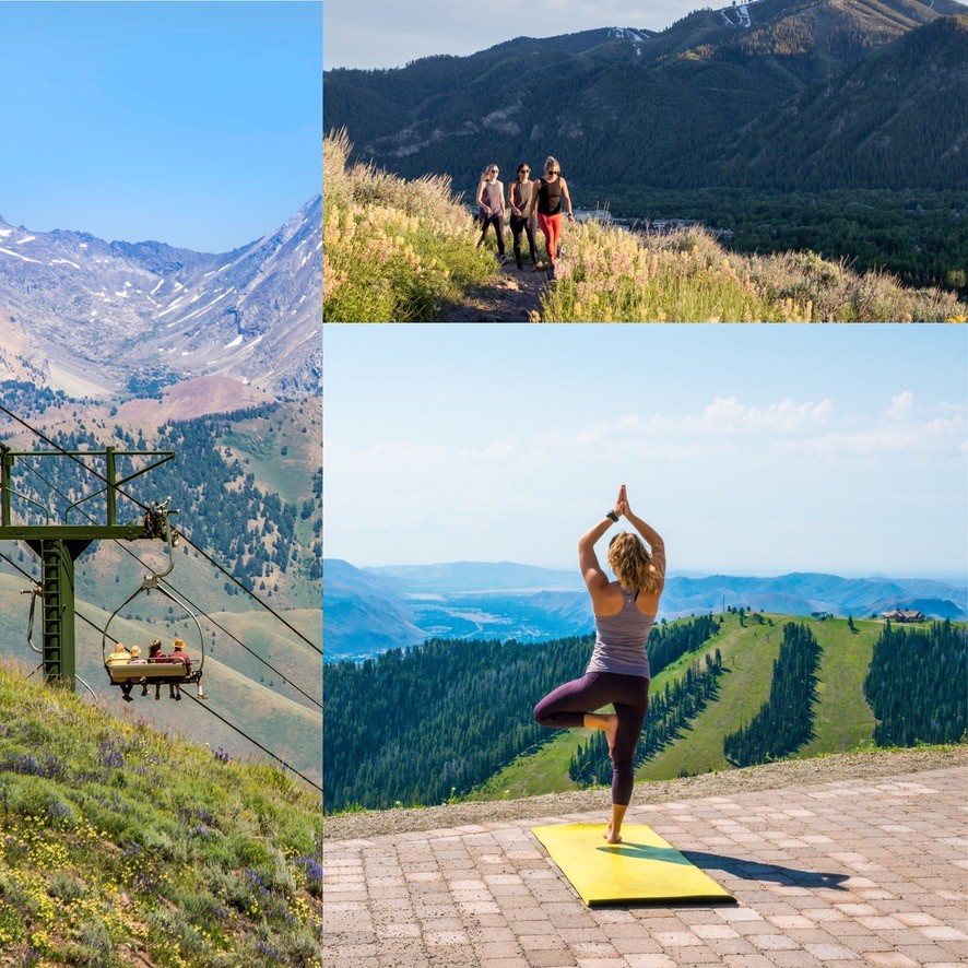 A collage is shown. Beginning top right and going cockwise. Three hiking women are shown on Dollar Mountain. A woman does a yoga pose atop Bald Mountain on a yoga mat. A group of people ride the chair down from the top of the mountain with scenic mountains in the background.