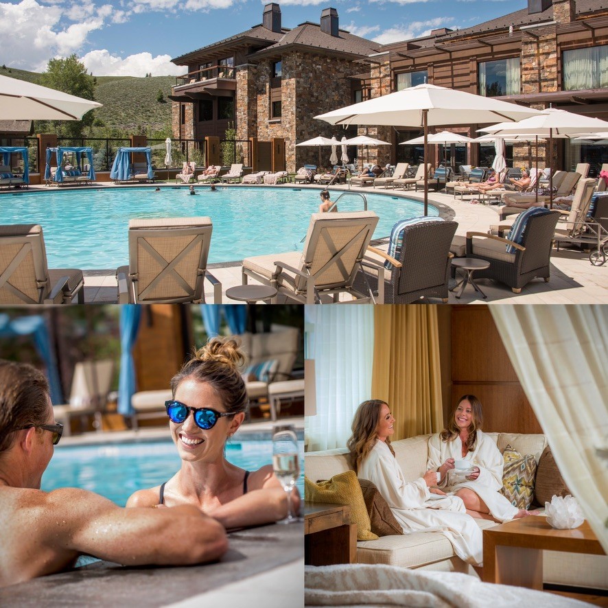 A collage of images is shown. Beginning top, going clockwise - the round Sun Valley Lodge pool with cabanas and chairs surrounding it. Two women at the Sun Valley Spa sit in robes and chat. A woman and mat sit in the pool, resting their arms on the edge.