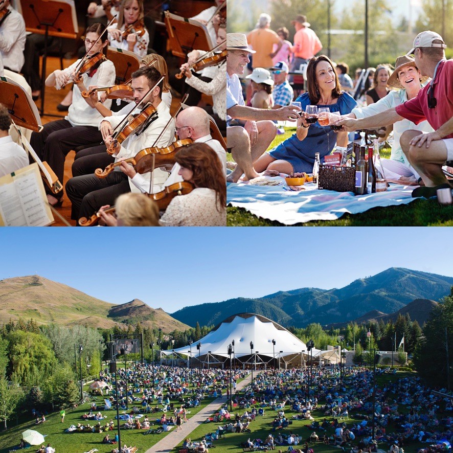 A collage of photos is shown. Beginning top left, going clockwise - the Sun Vally Symphony string section plays. A group enjoys the music from the pavilion lawn and does a cheers with glasses. An aerial shot of the Pavilion lawn is shown with people gathered.