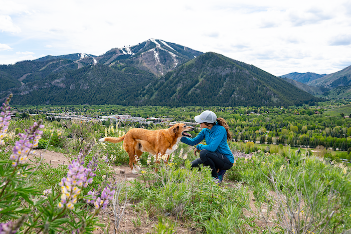 Woman hikes through the wildflowers with a snow-capped Bald Mountain in the background